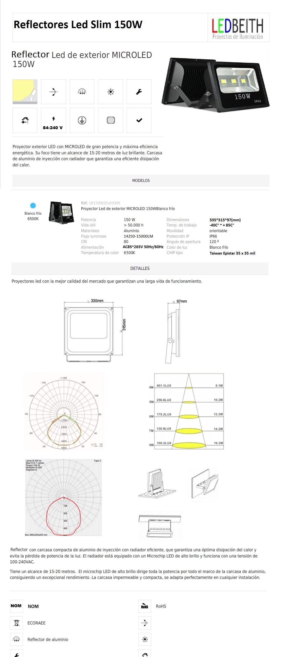 Reflector SLIM , 150 W, Blanco Frío