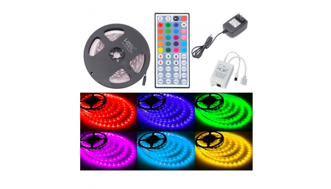 KIT tira LED SMD5050, 5m (30 Led/m), RGB - IP65 -CTRL 44 op.-Adaptador 3A