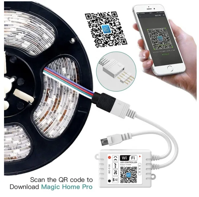 [LBDC928V24OPWIFI] Controlador LED inteligente WiFi RGB, mas control remoto de 24 teclas, compatible con Amazon Alexa/Asistente de Google para tira de luz LED 5050