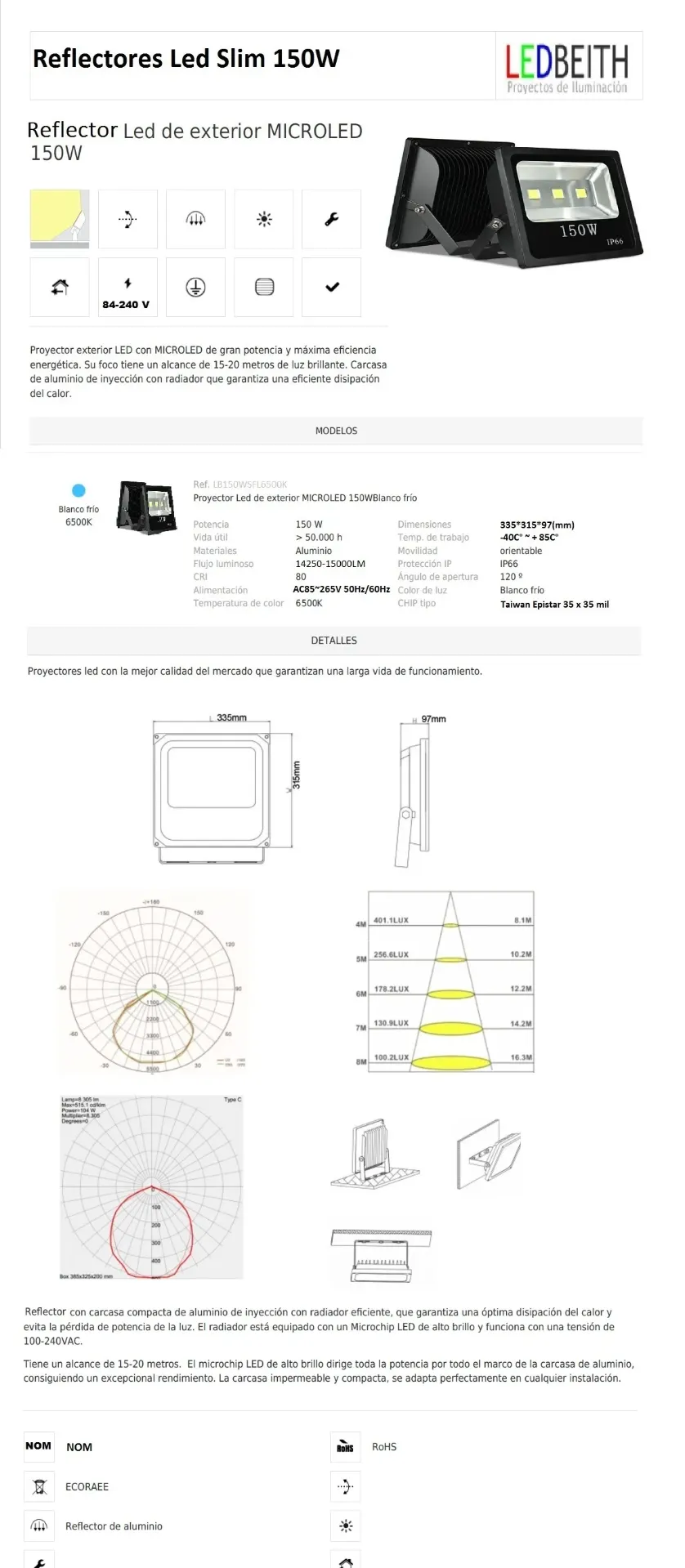 [LB150WSFL6500K] Reflector SLIM , 150 W, Blanco Frío